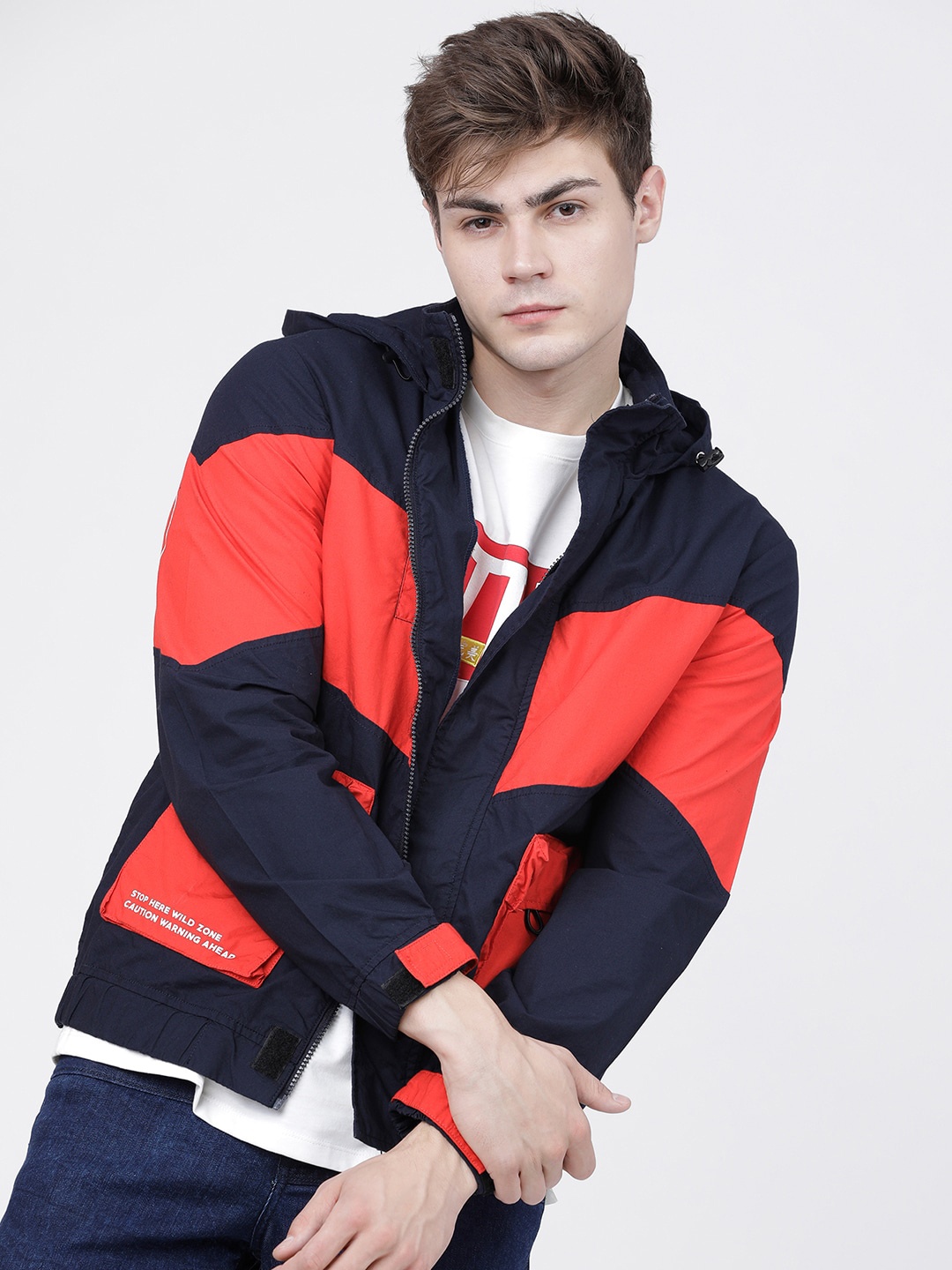 

LOCOMOTIVE Men Navy Blue & Red Colourblocked Bomber Jacket