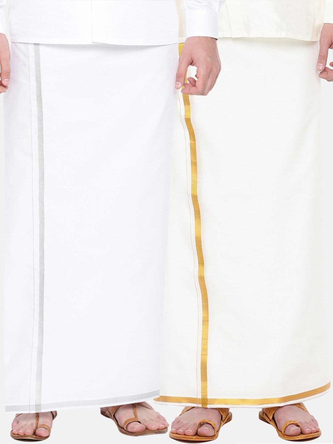 

Ramraj Men Pack of 2 Pure Cotton Single Layer Dhoti with Silver & Gold Zari Border, Cream