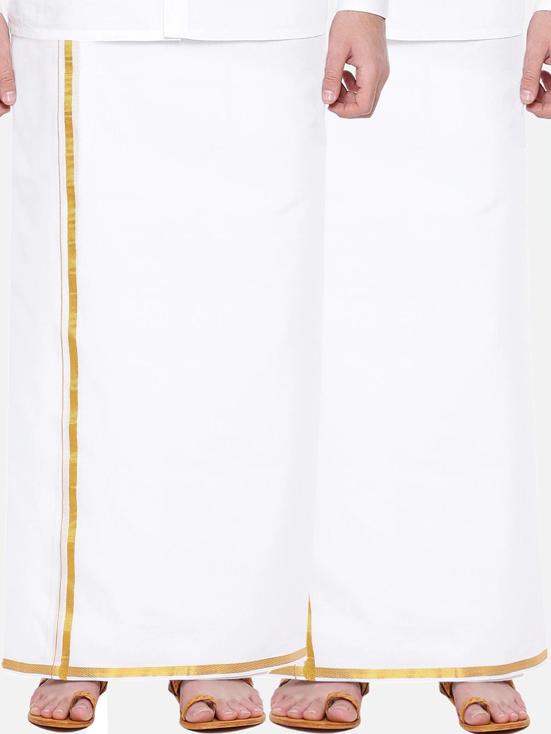 

Ramraj Men White Pure Cotton Single Layer Dhoti with Gold Zari Border Pack of 2