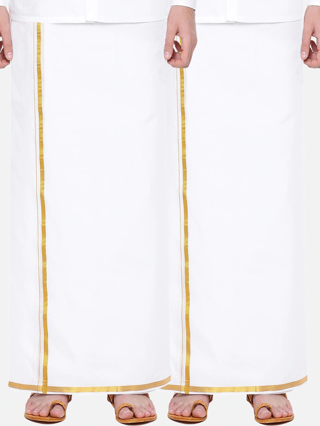 

Ramraj Men White Pure Cotton Single Layer Dhoti with Gold Zari Border Pack of 2