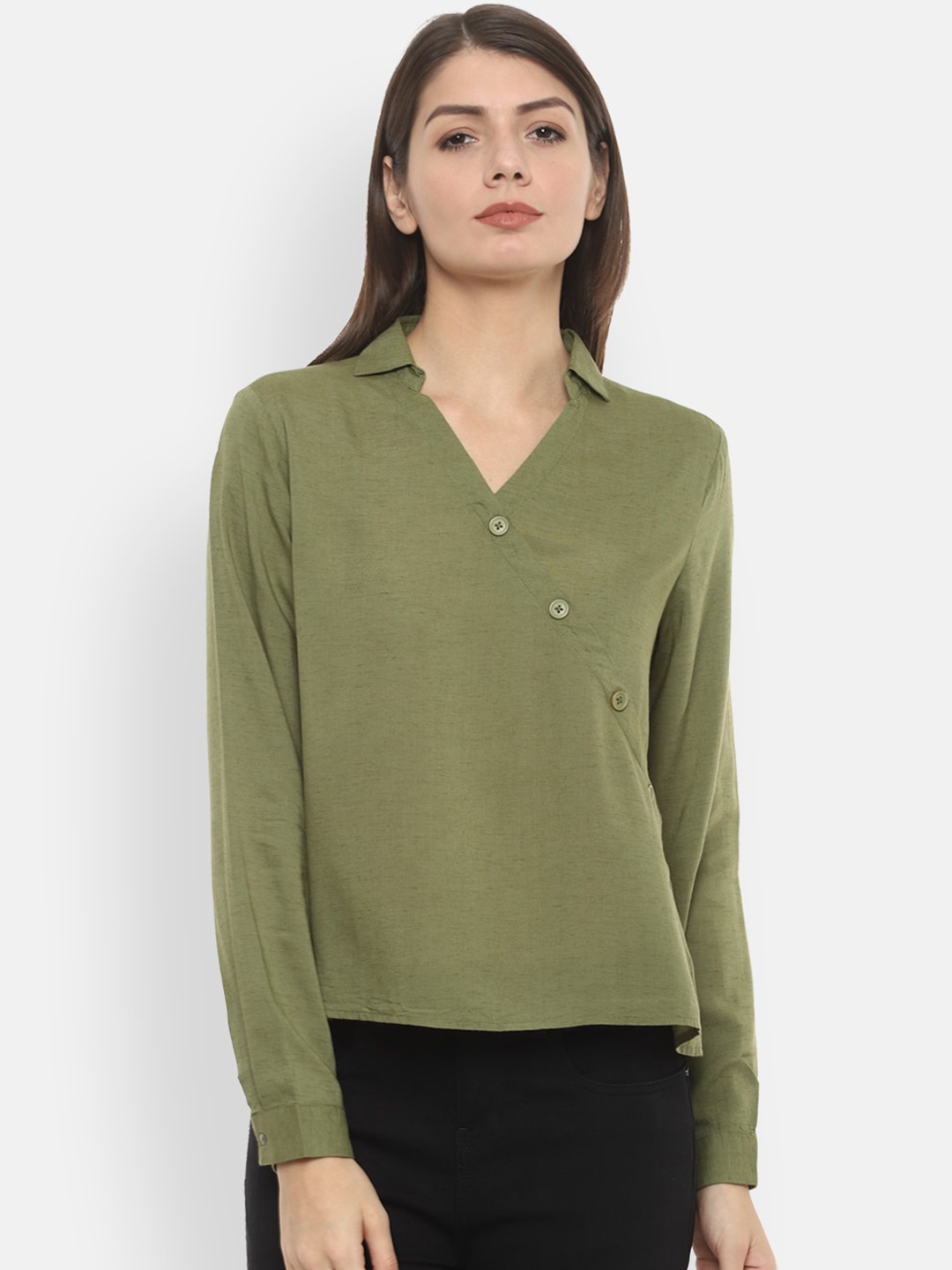 

Van Heusen Woman Olive Green Solid Wrap Top