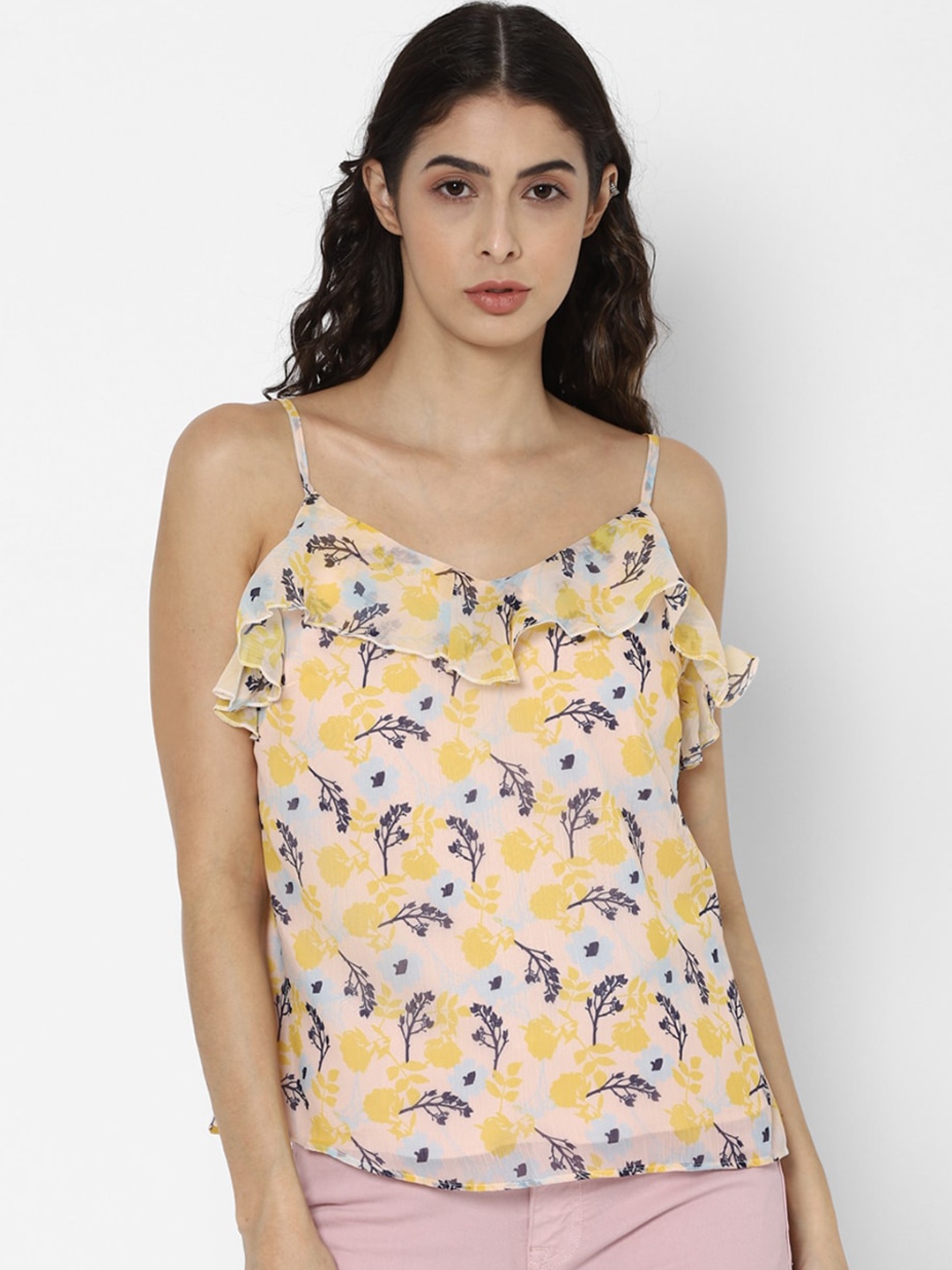 

Allen Solly Woman Cream-Coloured & Mustard Yellow Floral Printed Ruffled Regular Top