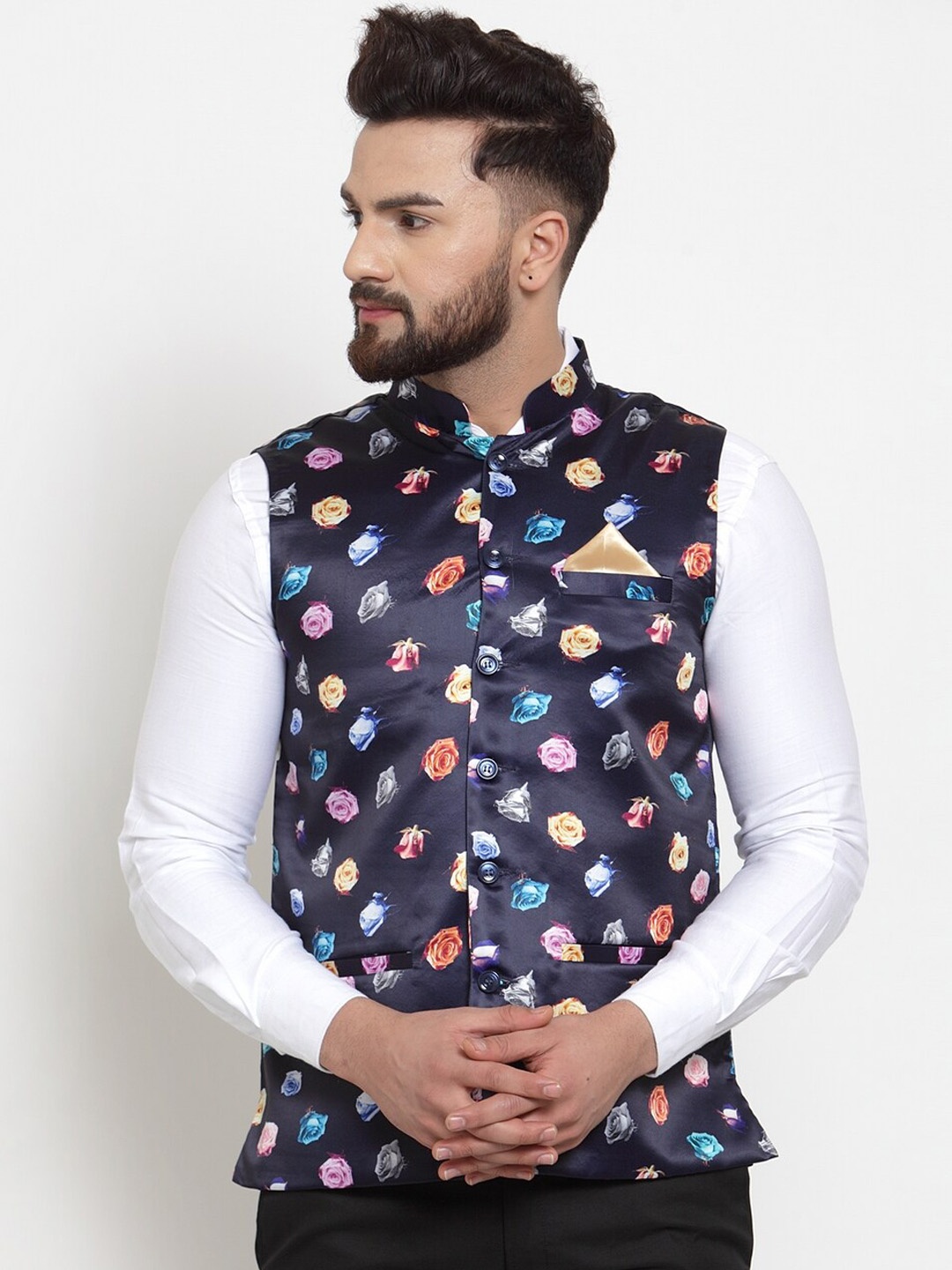 

KLOTTHE Men Printed Woven Cotton Blend Nehru Jacket, Navy blue