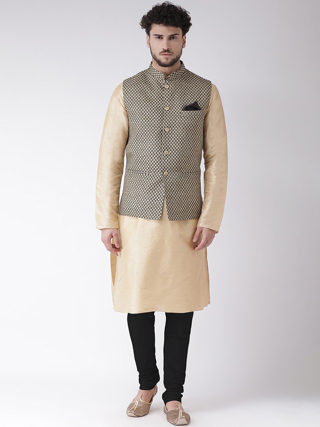 

TABARD Men Beige Self Design Kurta with Churidar and Nehru Jacket