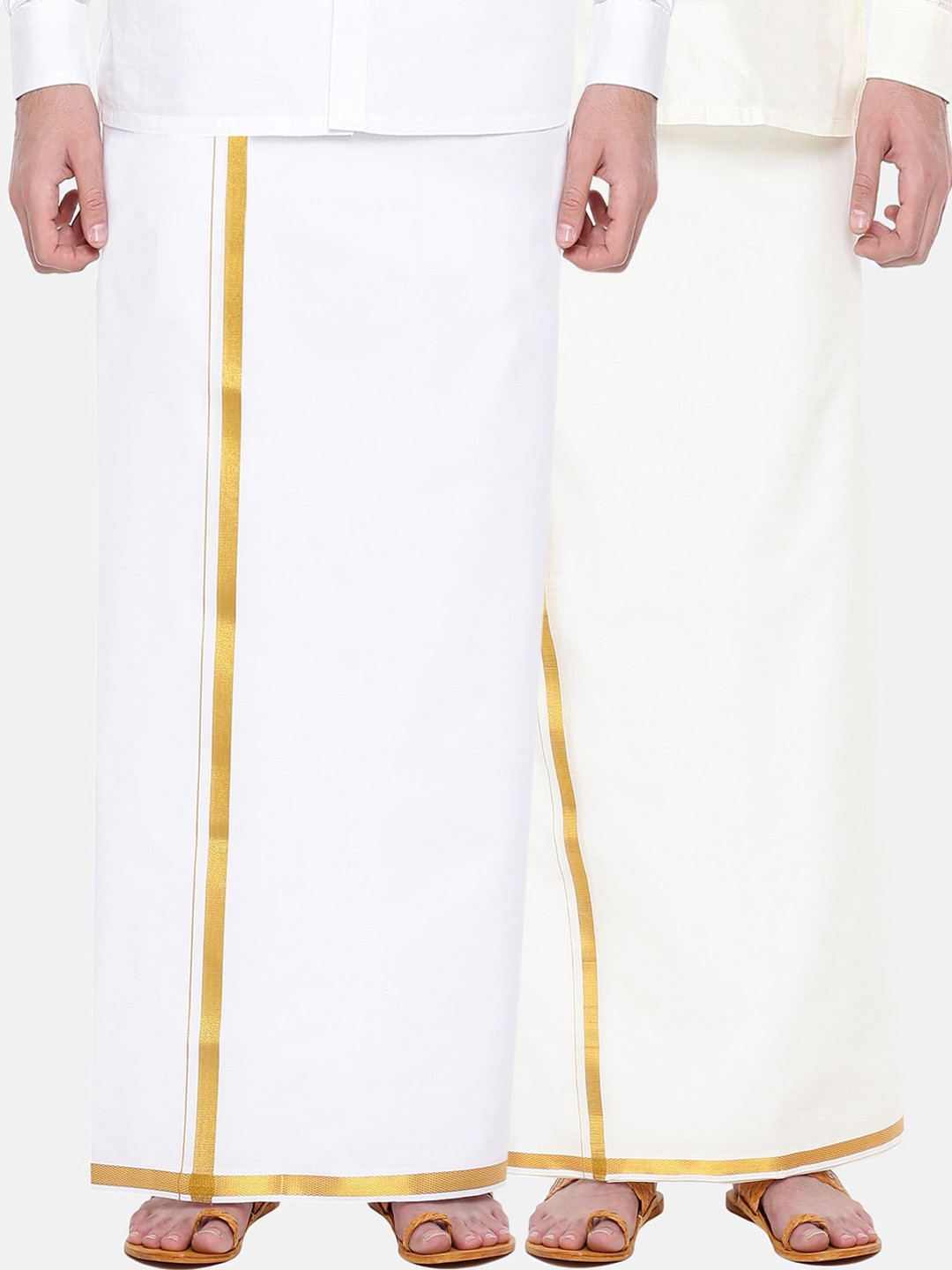 

Ramraj Men Pack of 2 White Pure Cotton Single Layer Dhoti with Gold Zari Border, Cream
