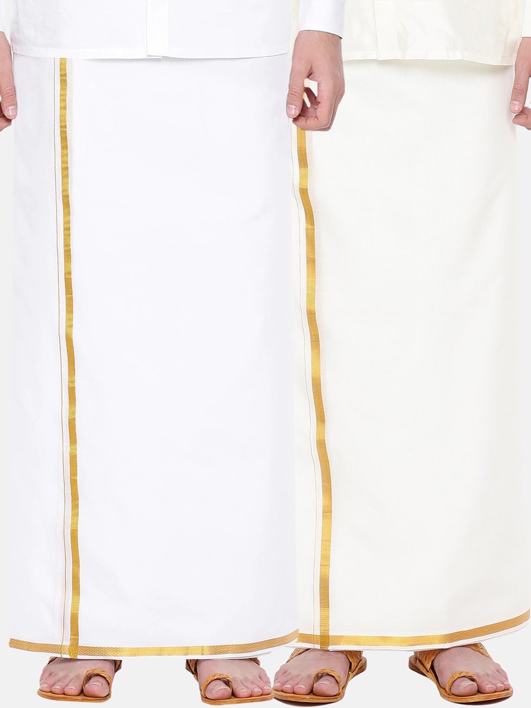 

Ramraj Men Pack of 2 White & Cream Pure Cotton Single Layer Dhoti with Gold Zari Border