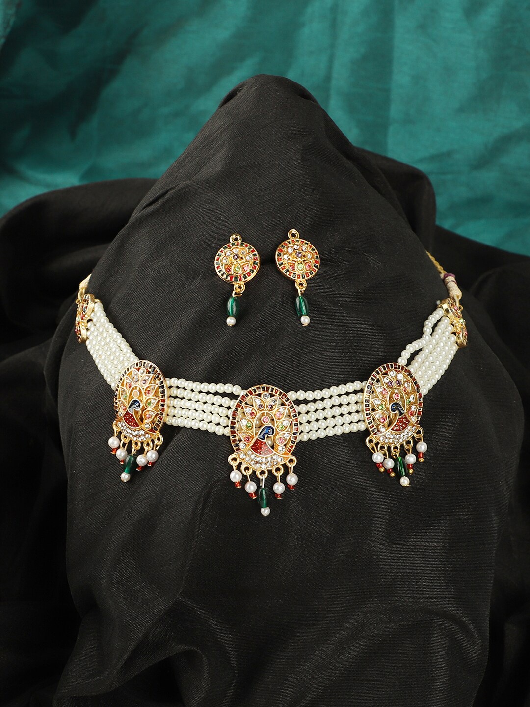 

ANIKAS CREATION Gold-Plated Red & Green White Pearl Beaded Handcrafted Jewellery Set
