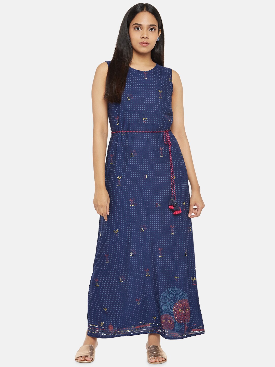 

AKKRITI BY PANTALOONS Women Navy Blue Self Design Maxi Dress with Belt