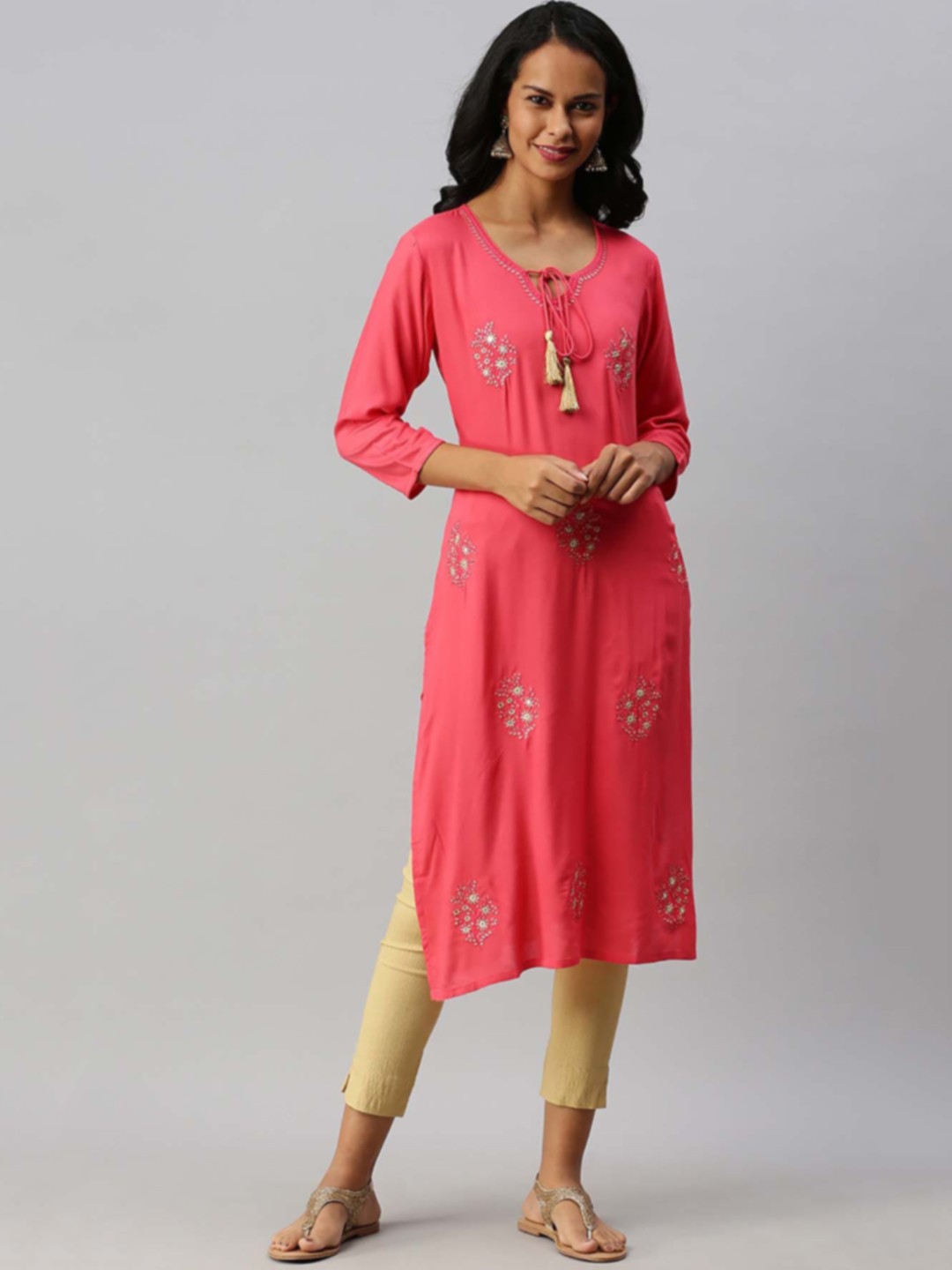 

Soch Women Coral Pink & White Floral Embroidered Tie-up Neck Thread Work Kurta