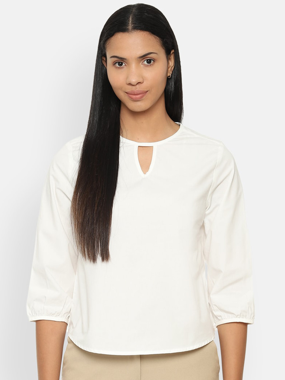 

Van Heusen Woman Off White Keyhole Neck Puff Sleeves Pure Cotton Regular Top