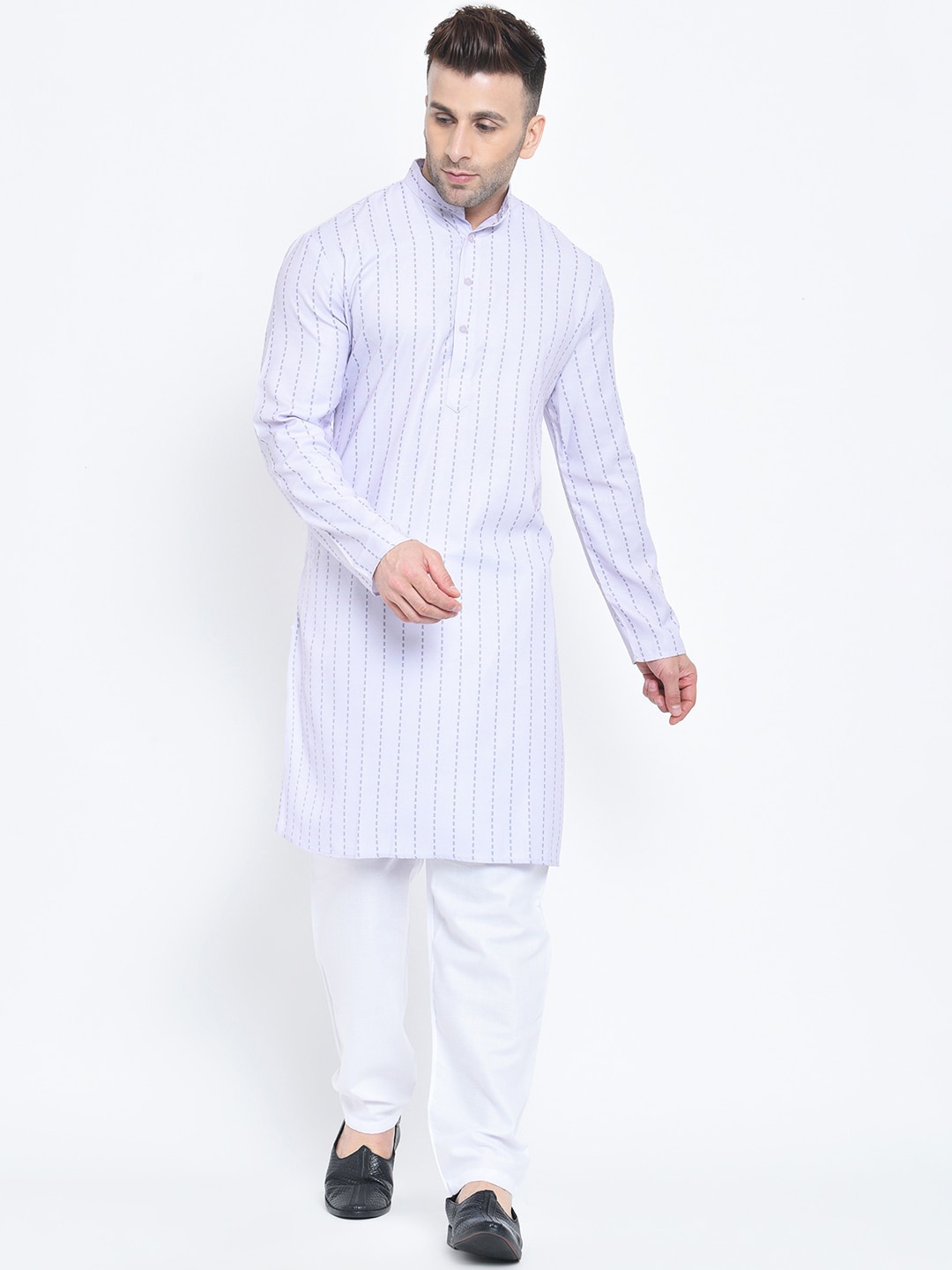 

Hangup Men Off-White & Blue Striped Kurta with Pyjamas
