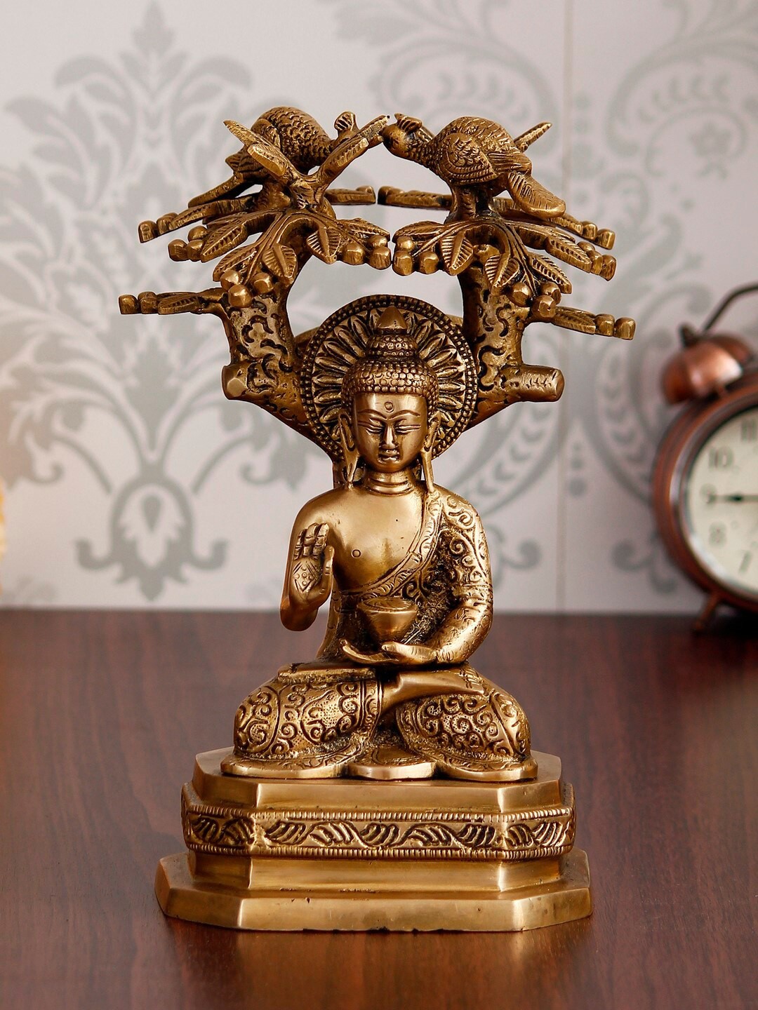 eCraftIndia Gold-Toned Blessing Lord Buddha Meditating Under Tree Handcrafted Showpiece