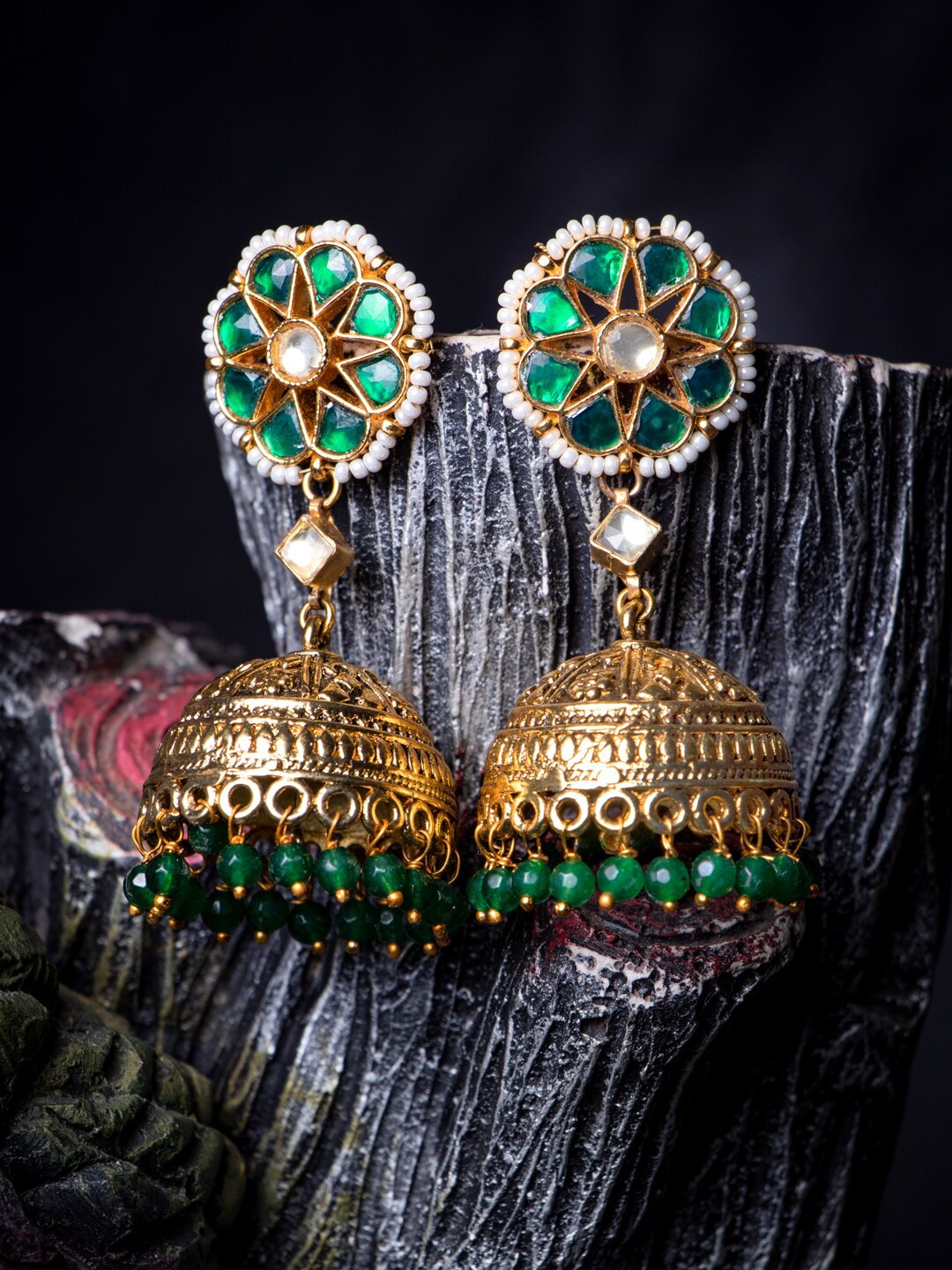 MORKANTH JEWELLERY Green & Gold Toned Dome Shaped Jhumkas