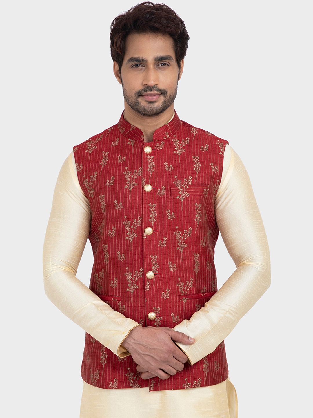 

N Dot Men Maroon & Beige Embroidered Woven Nehru Jacket