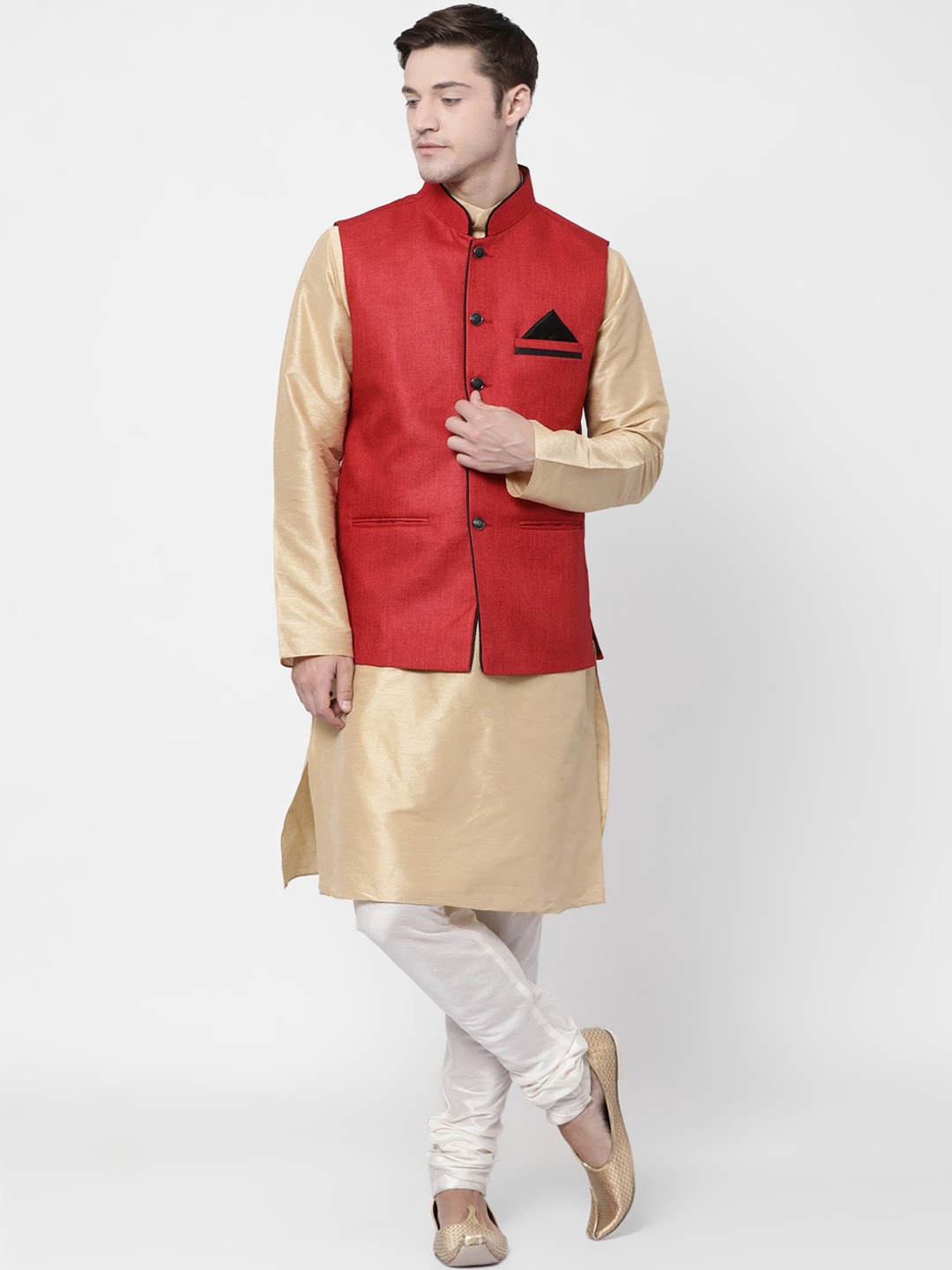 TABARD Men Beige & White Solid Kurta with Churidar