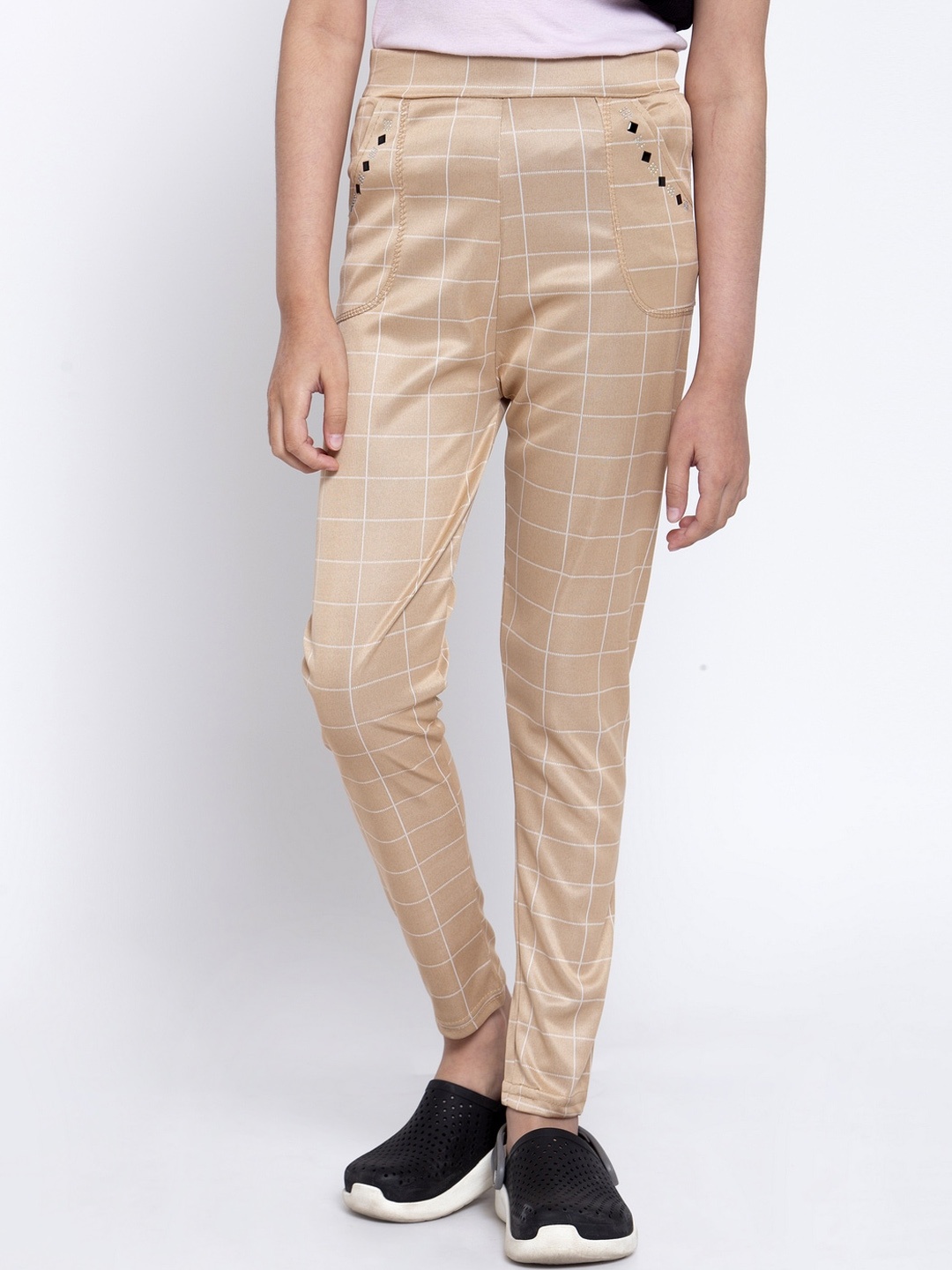

KLOTTHE Girls Beige & White Checked Slim-Fit Ankle-Length Treggings