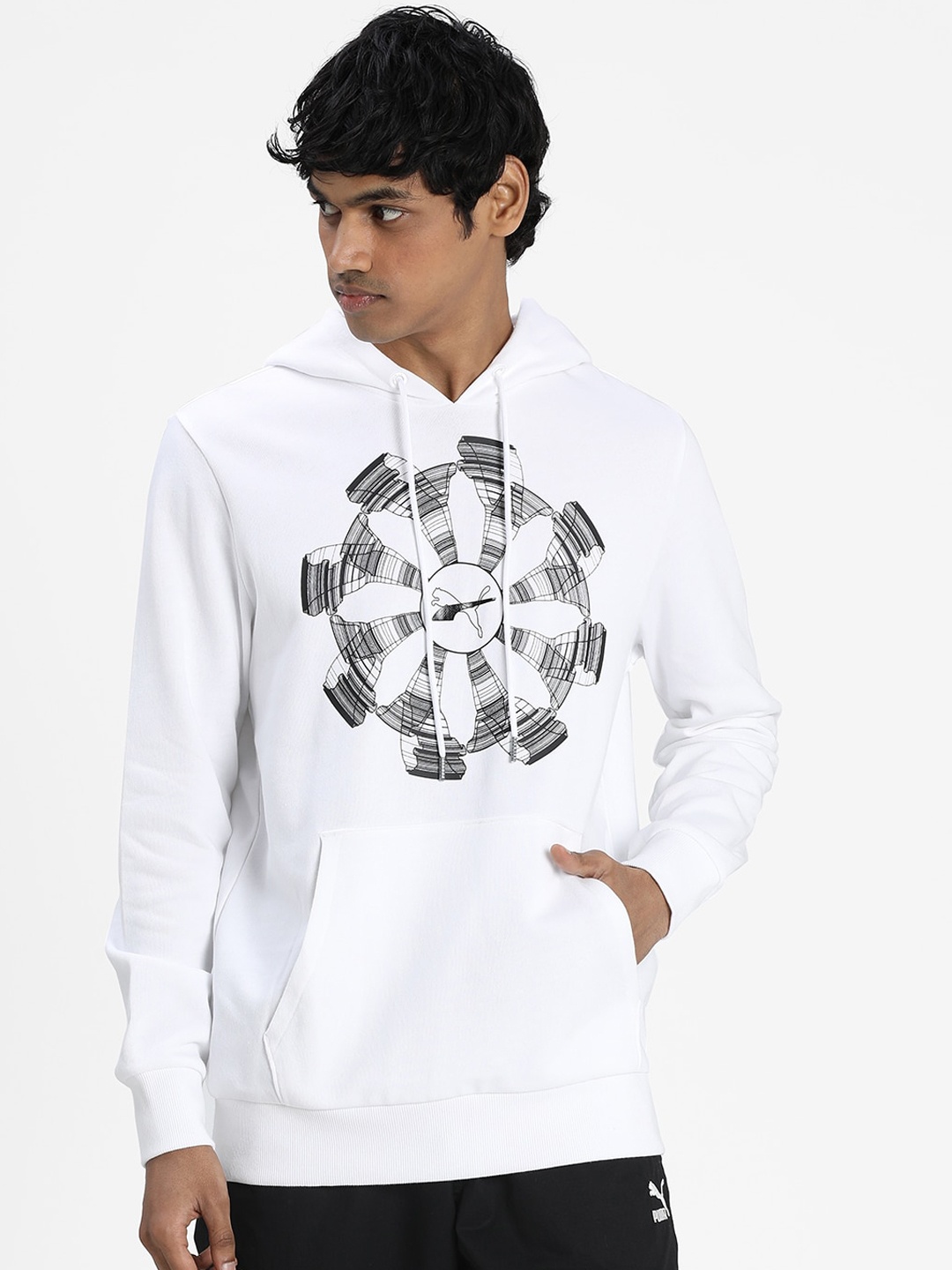 

Puma Men White & Black Printed Hooded Sweatshirt