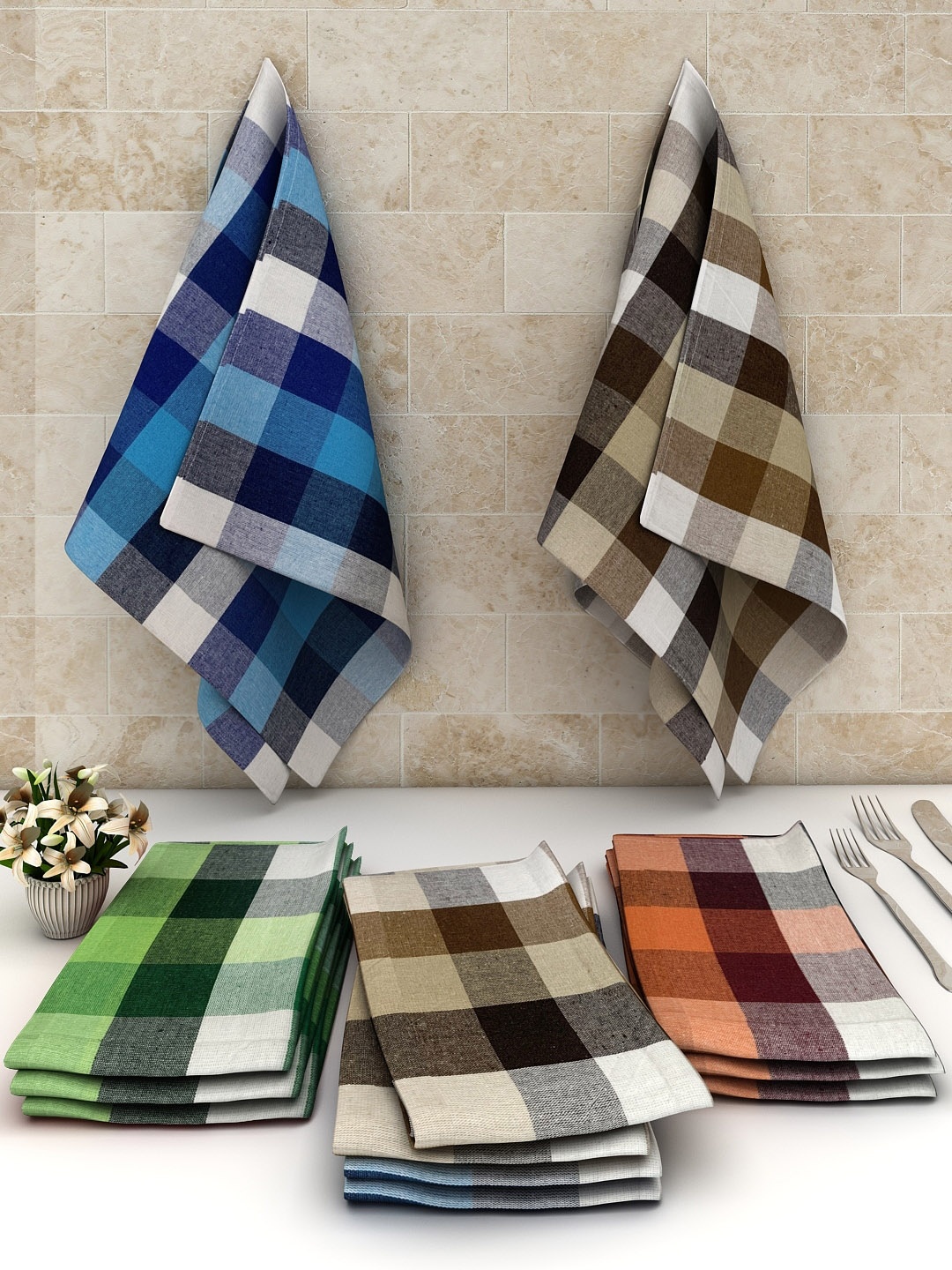 

Athom Trendz Pack Of 12 Multi-colored Checked Cotton Cleaning Cloth, Blue