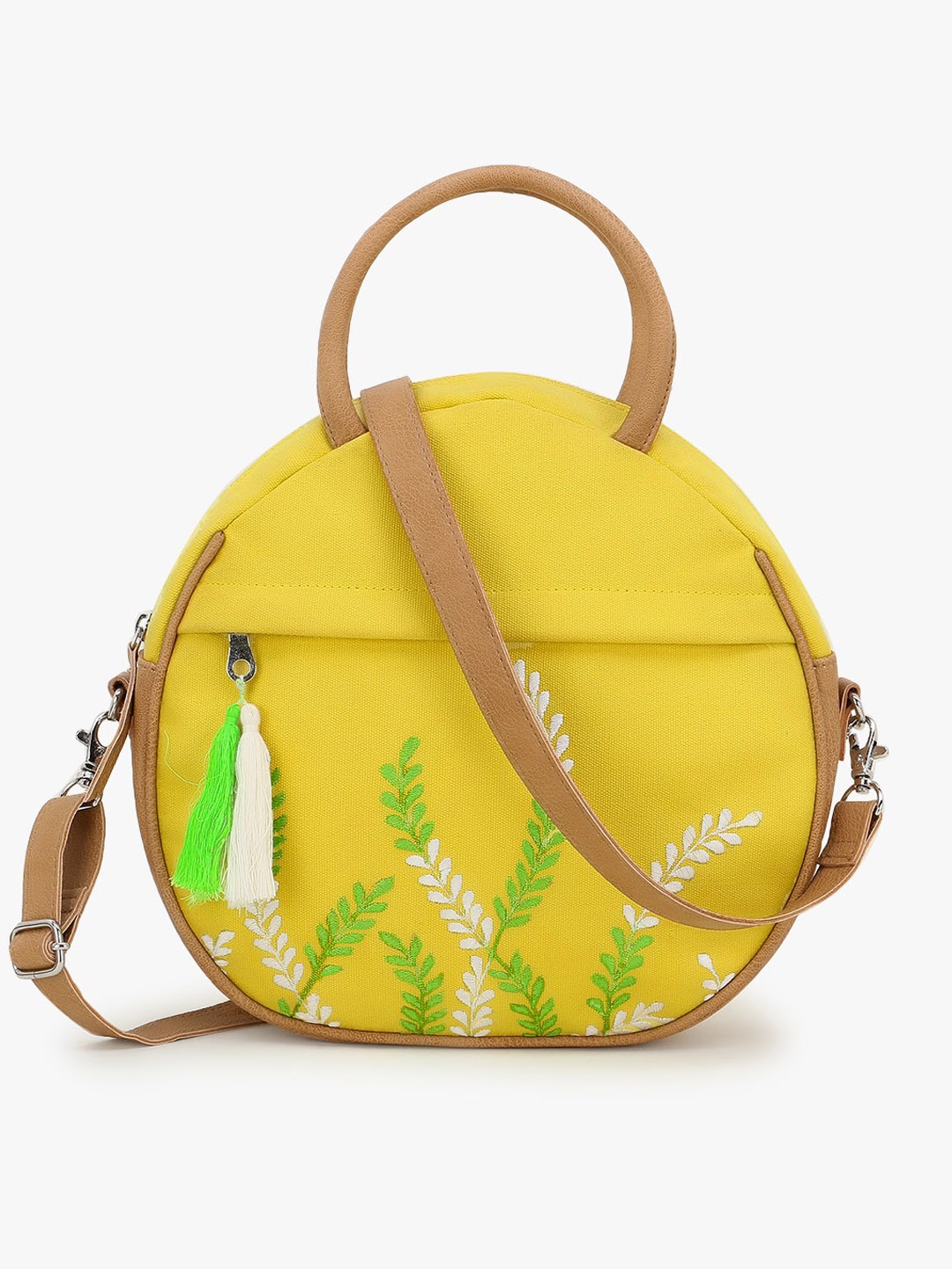 

Anekaant Yellow Embroidered Sling Bag