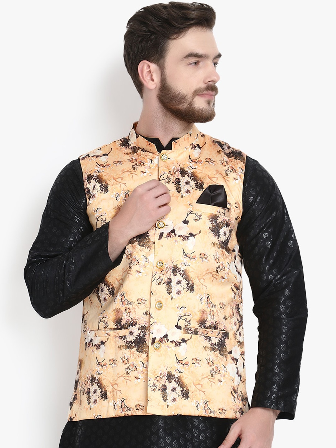 

Klotthe Men Yellow Printed Nehru Jacket
