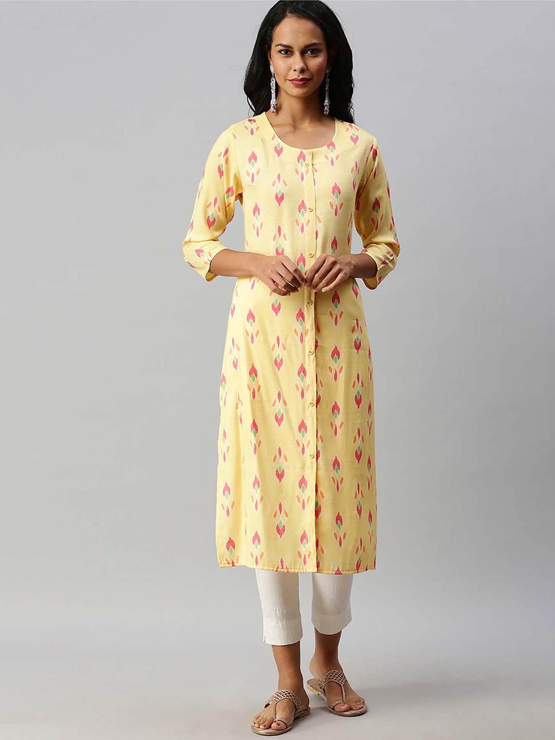 

Soch Women Yellow & Pink Ethnic Motifs Print Straight Kurta