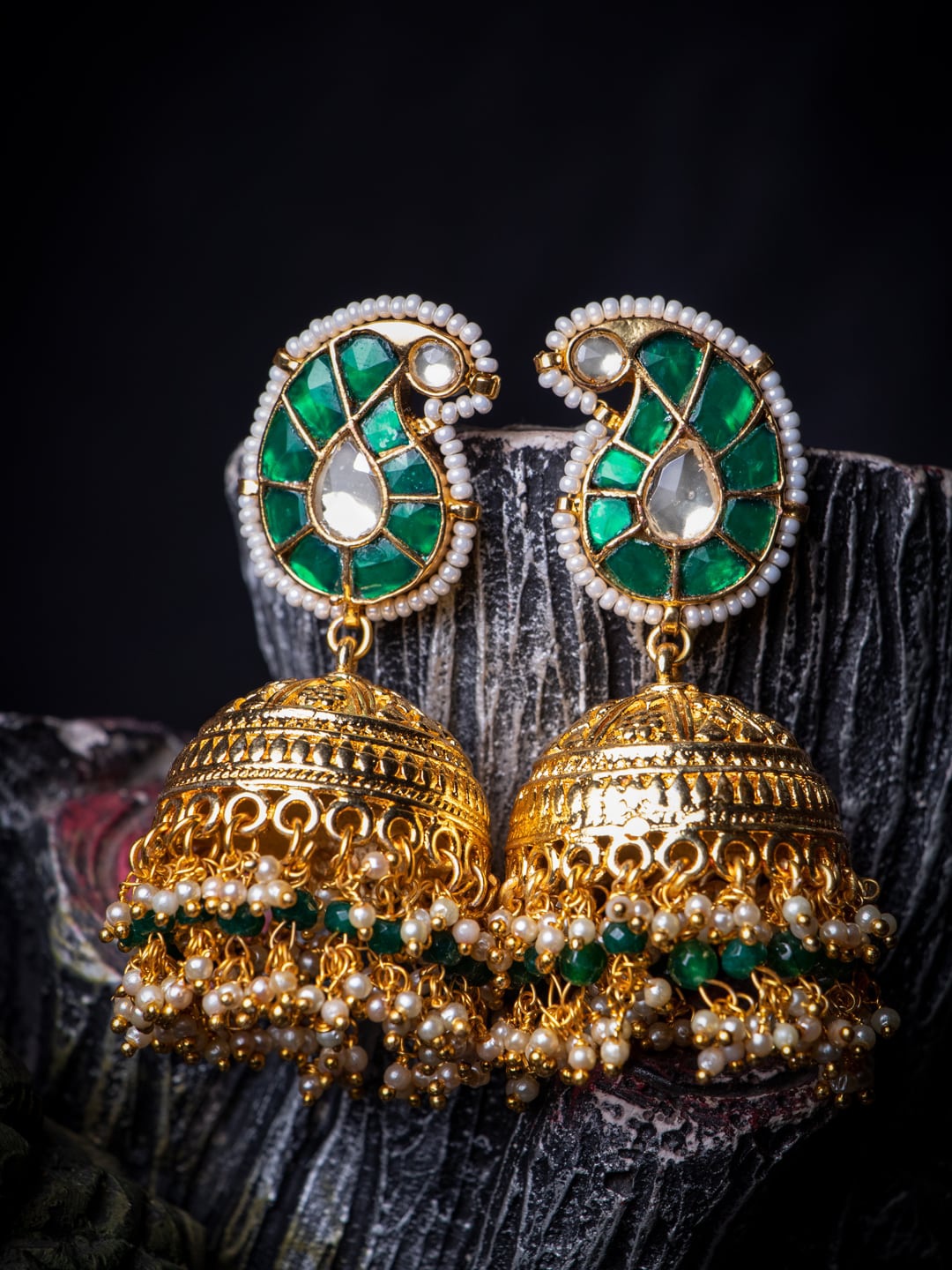 MORKANTH JEWELLERY Green & Gold Toned Paisley Shaped Jhumkas