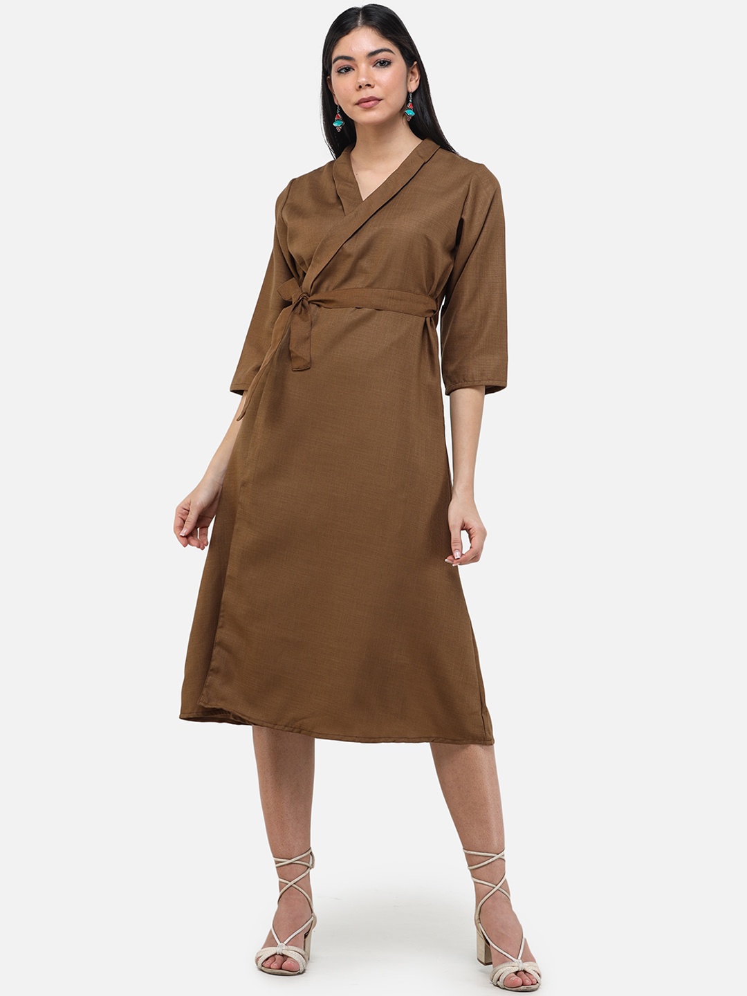 

DECHEN Women Olive Green Linen Blend Solid Wrap Dress with Belt