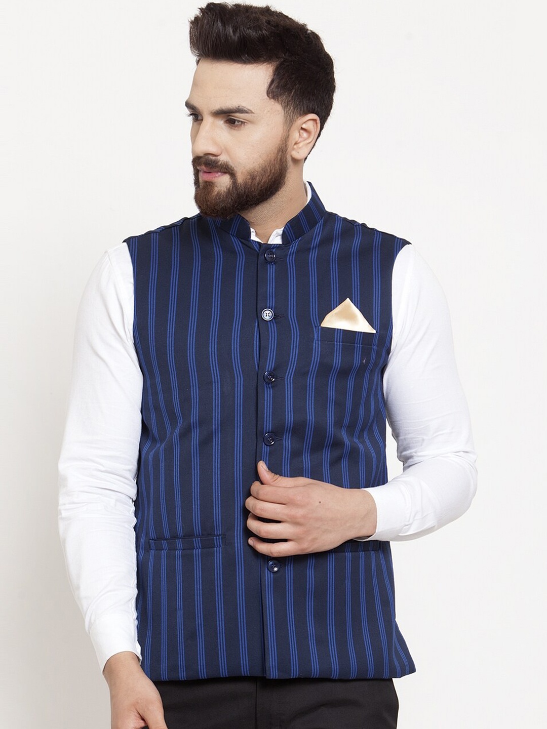 

KLOTTHE Men Blue Striped Nehru Jacket, Navy blue