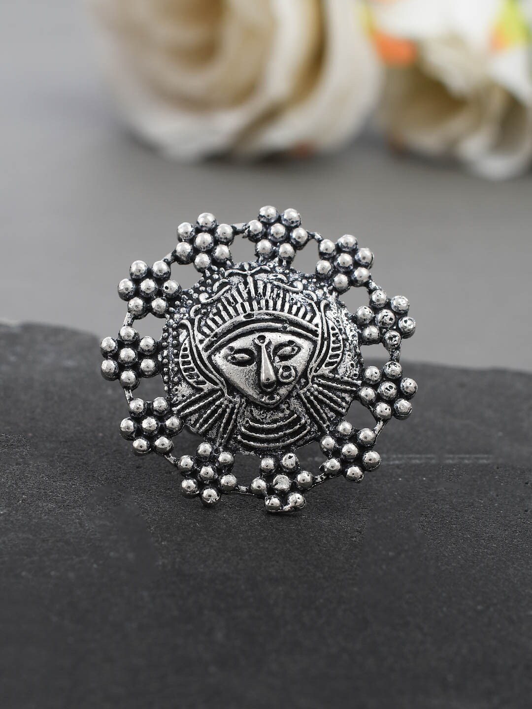 

Silvermerc Designs Oxidized Silver-Toned Devi Shakti Adjustable Finger Ring