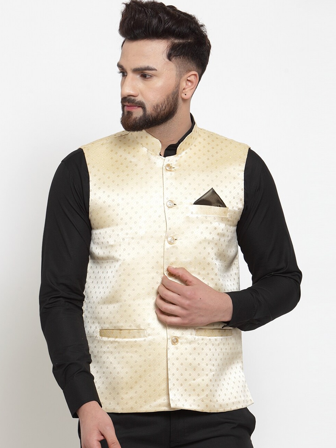 

KLOTTHE Men Beige Woven Design Silk Blend Nehru Jacket