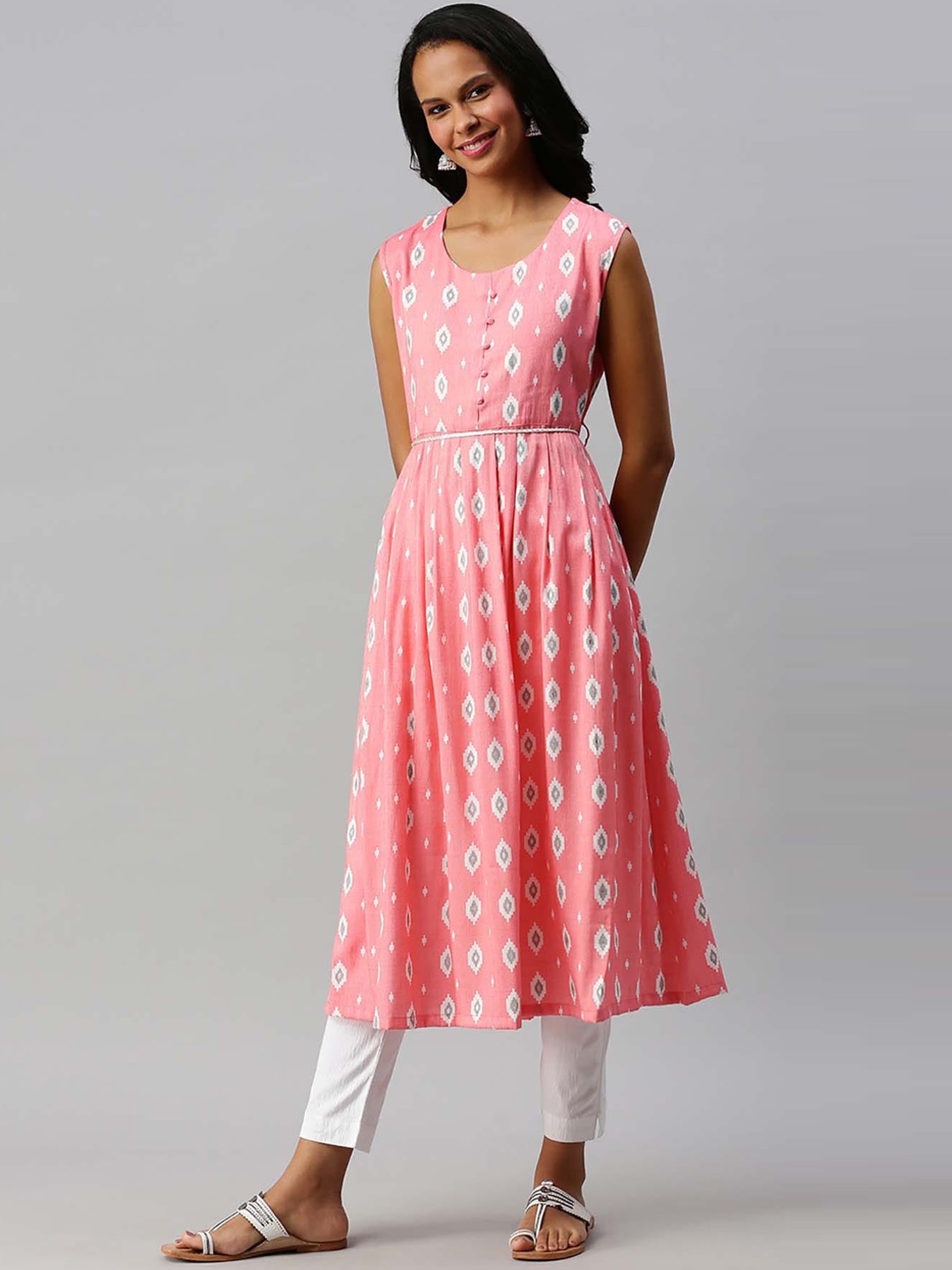 

Soch Women Pink & White Geometric Print Gathered Sleveless Kurta with Belt