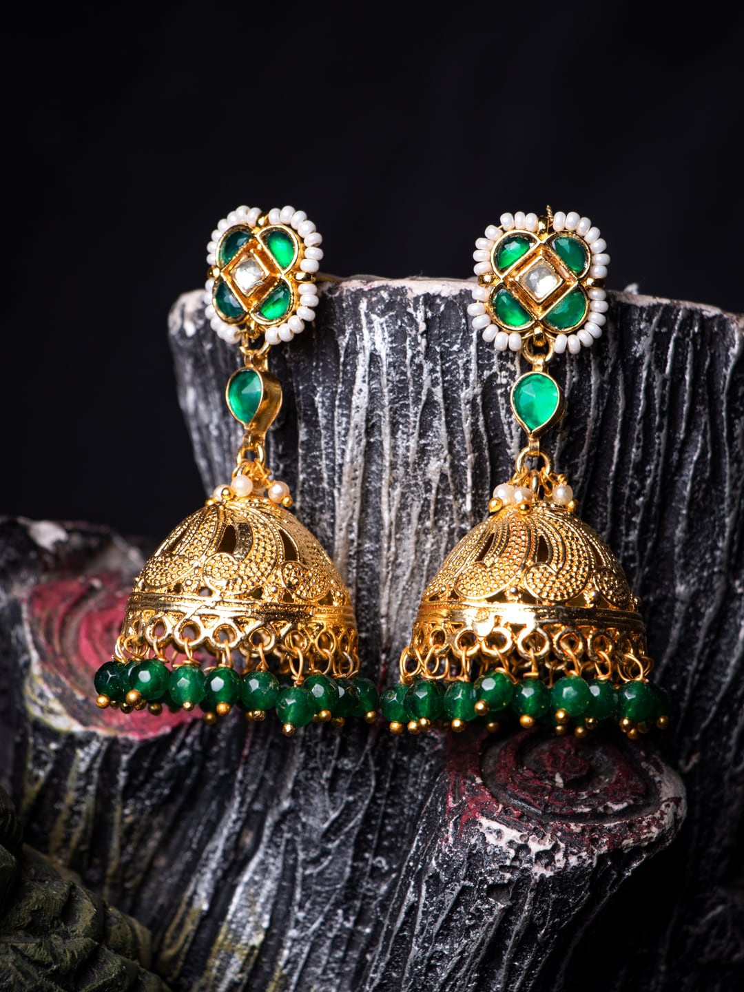 MORKANTH JEWELLERY Green & Gold Toned Dome Shaped Jhumkas