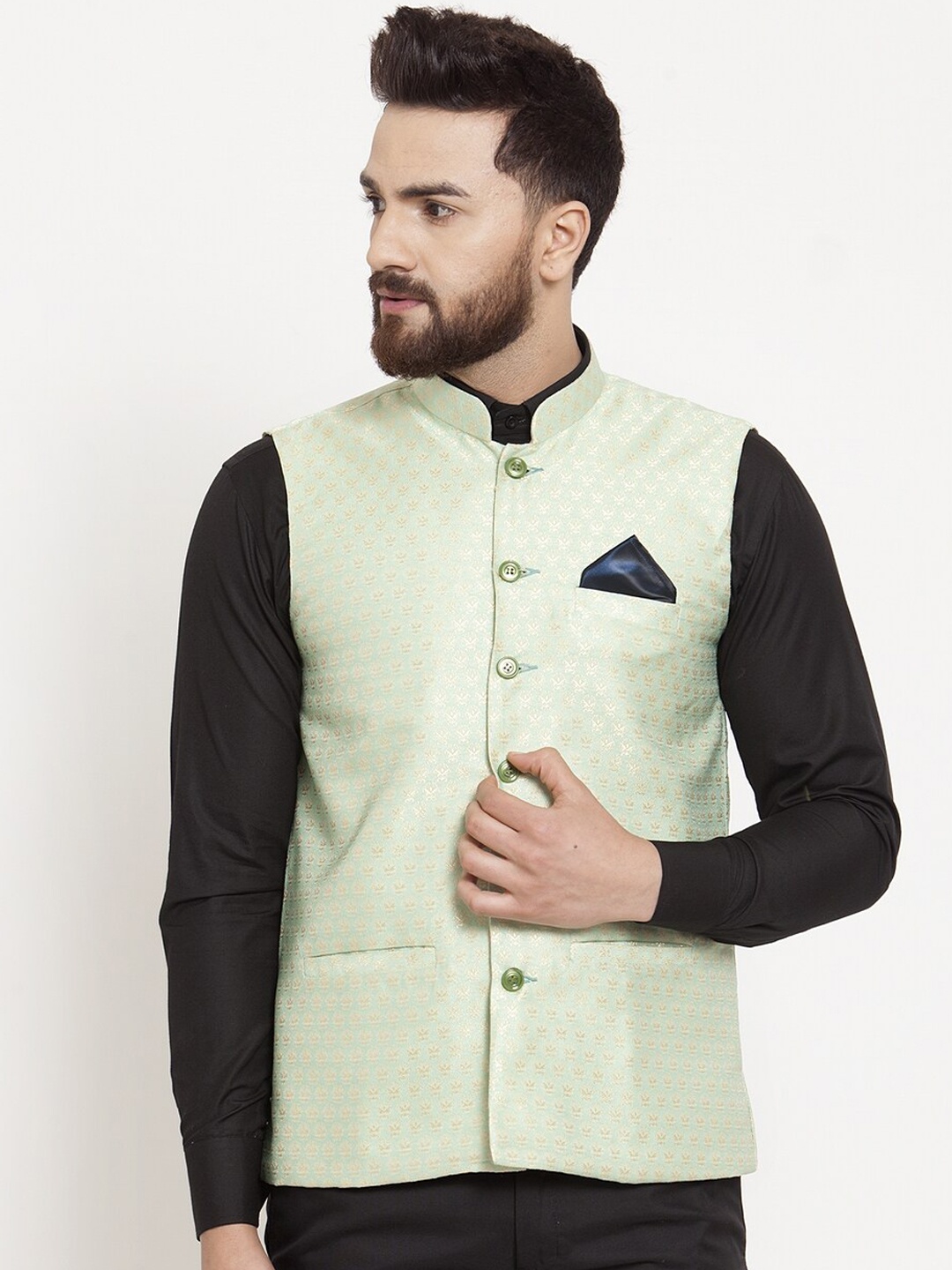 

KLOTTHE Men Green Woven Design Nehru Jacket