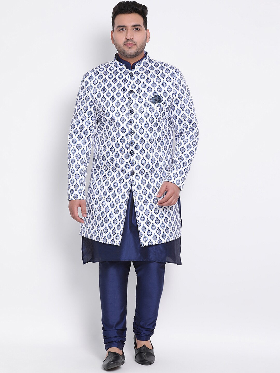 

Hangup Men Plus Size Blue & White Printed Sherwani