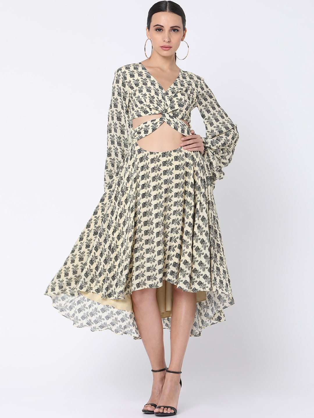 

Masaba Women Off-White & Black Floral Printed Fit and Flare Dress with Cut-Outs