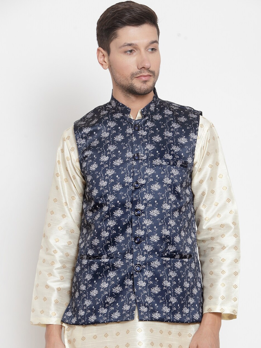 

KLOTTHE Men Navy Blue Printed Polyrayon Nehru Jacket