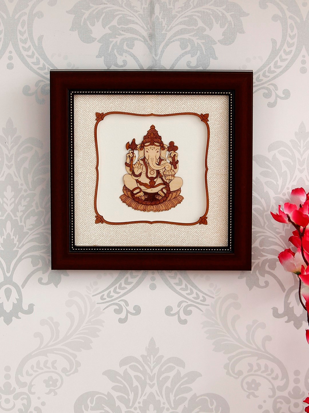 

eCraftIndia Wooden Lord Ganesha Art Framed Decorative Wall Hanging, Brown