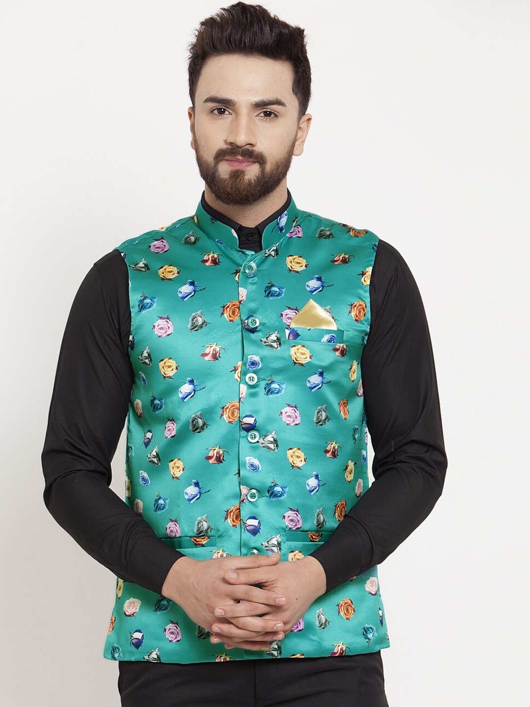

KLOTTHE Printed Cotton Blend Nehru Jacket, Sea green