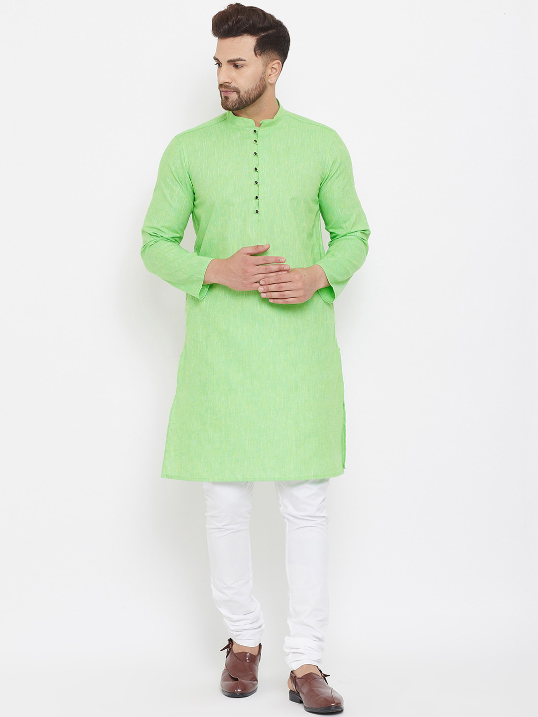 

even Men Green Solid Pure Cotton Straight Kurta
