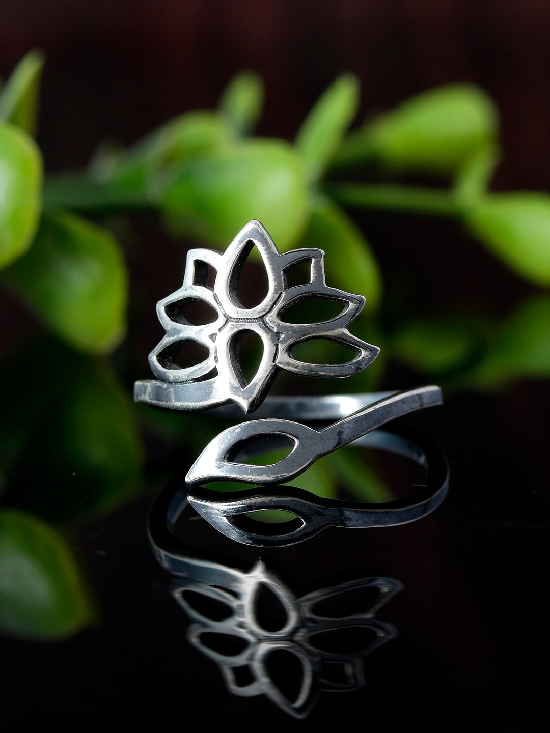 

AVNI by GIVA 925 Sterling Silver Oxidised Lotus Adjustable Ring