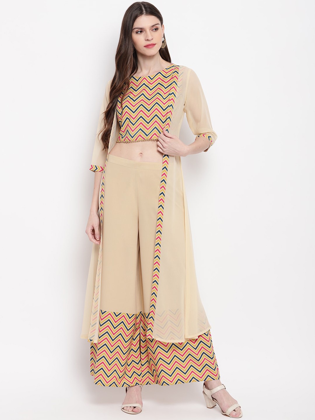

Janasya Women Cream-Coloured Printed Top with Palazzos & Jacket