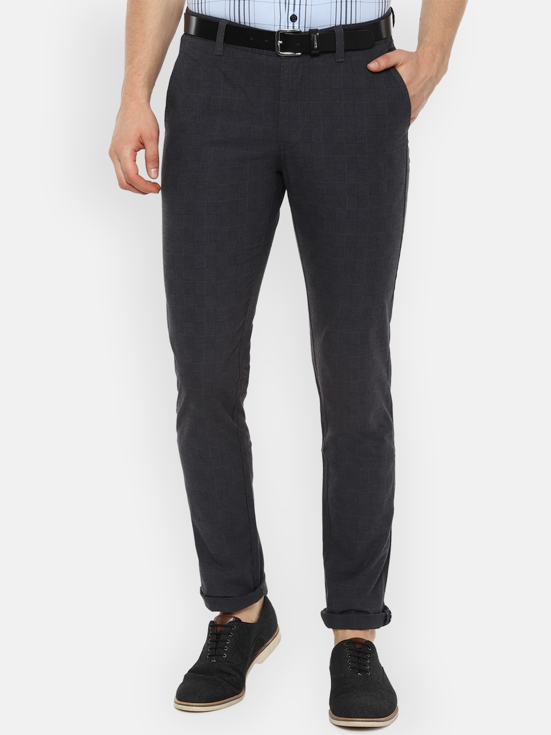 

Van Heusen Sport Men Charcoal Grey Slim Fit Checked Regular Trousers