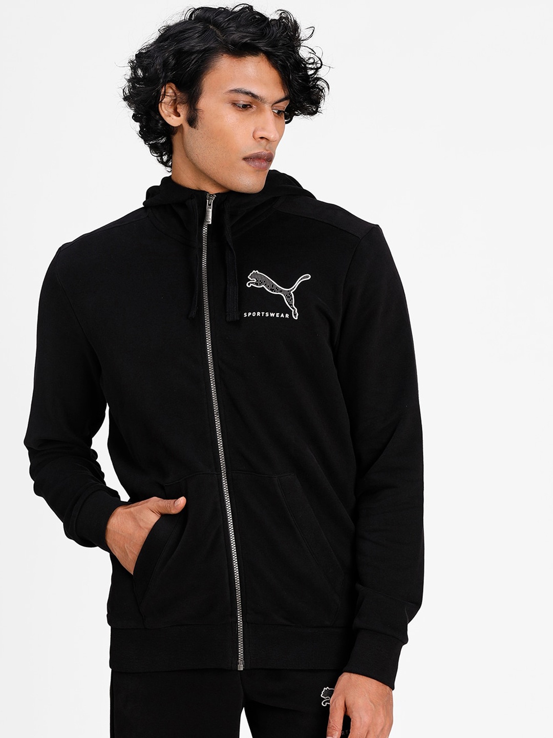 

Puma Men Black Solid Athletics Full-Zip Hooded Sweatshirt