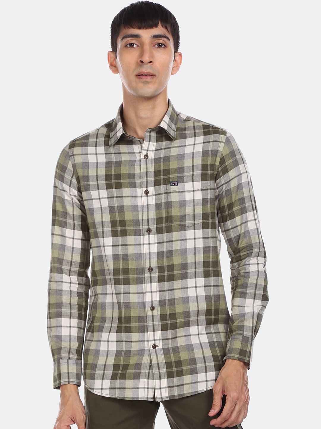 

Arrow Sport Men Olive Green & Off-White Cotton Checked Casual Shirt