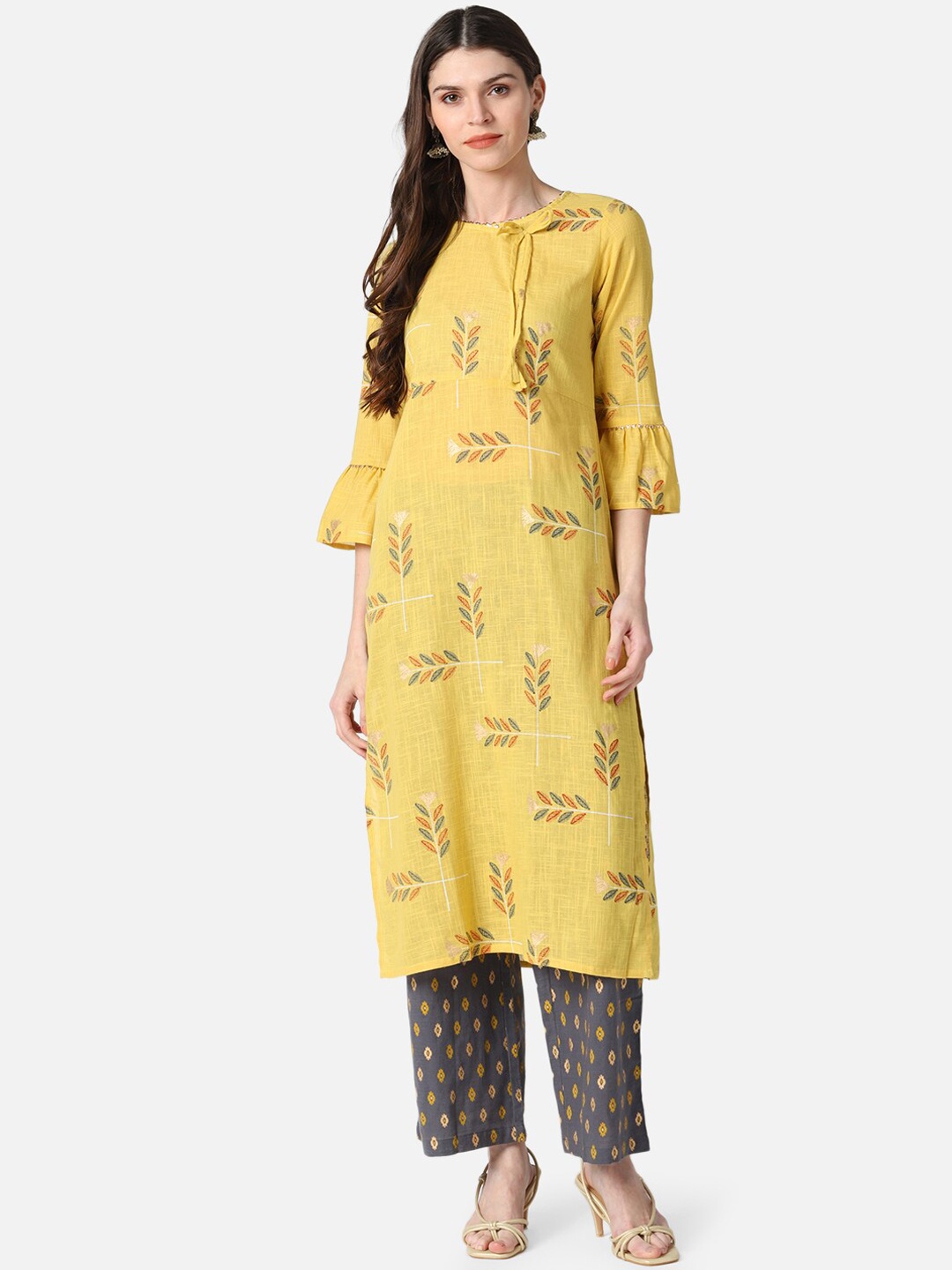AHIKA Women Yellow Printed Kurti with Trousers