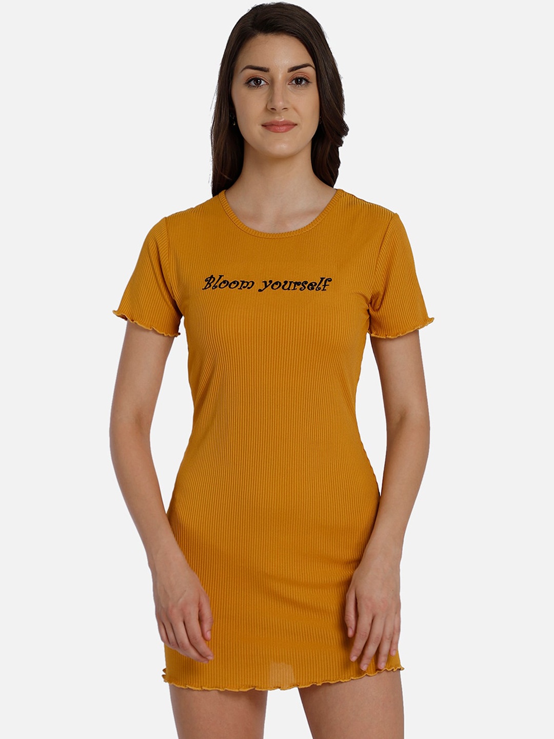 

Yaadleen Women Mustard Yellow Printed Detail T-shirt Dress