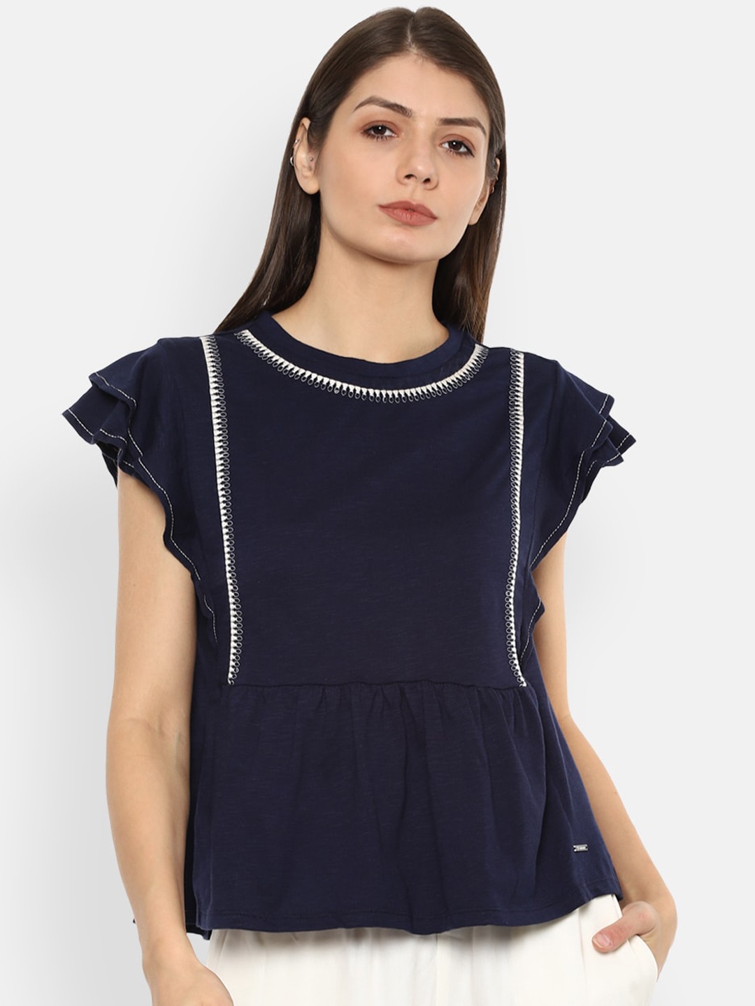 

Van Heusen Woman Navy Blue Flutter Sleeves Peplum Top