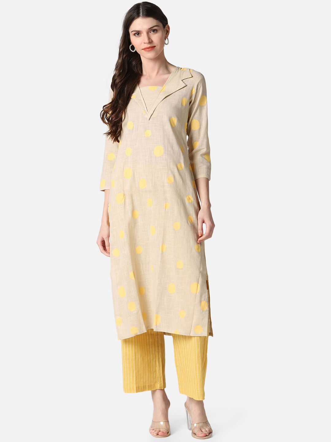 

AHIKA Women Beige & Yellow Printed Kurta with Palazzos