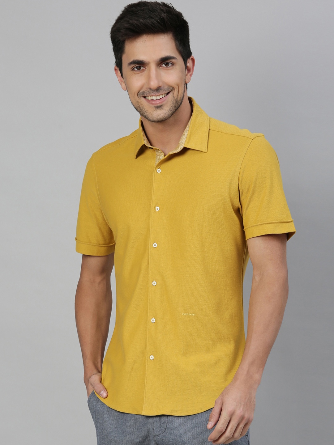

RARE RABBIT Men Breath Slim Fit Solid Shirt, Mustard