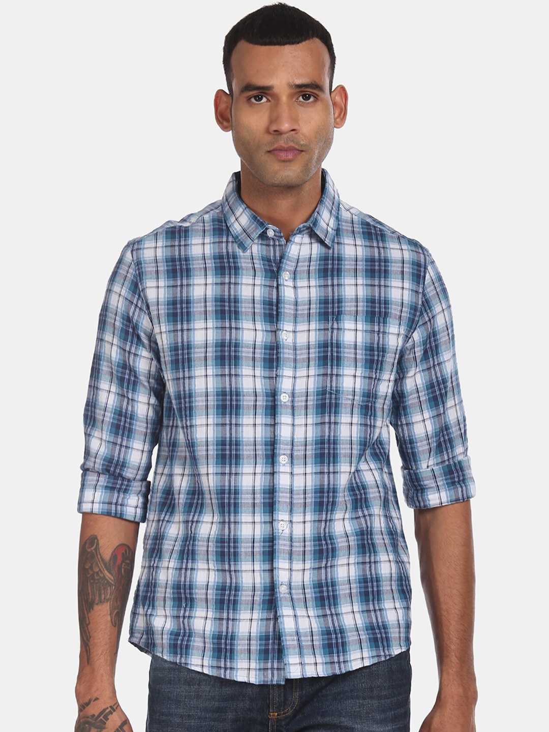 

Ruggers Men Blue & White Checked Pure Cotton Casual Shirt